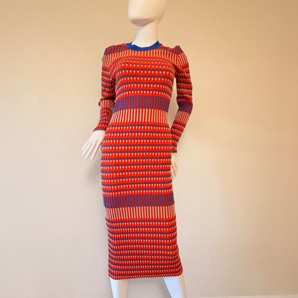 McQ Alexander McQueen Women's Orange Blue Striped Knit Midi Dress XS Long Sleeve